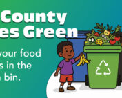 A cartoon of a woman and young boy placing food scraps into a green recyling bin for organic waste. A headline on the graphic reads "LA County Goes Green".